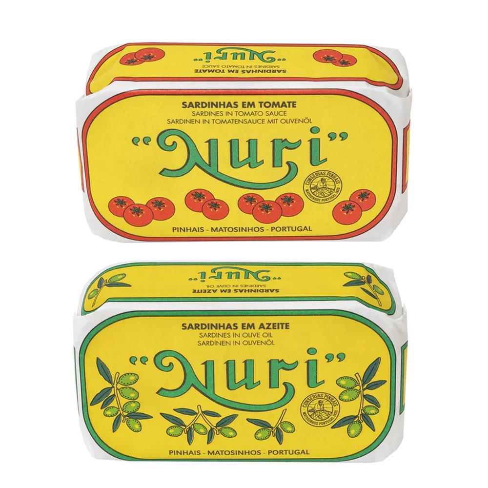 Nuri - Sardinen in Olivenöl und in Tomatensauce mit Olivenöl, 2 x 90 g Dose