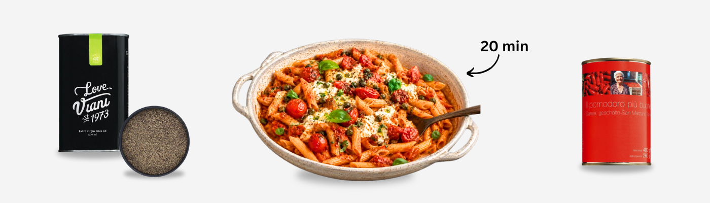 Mediterrane Ofenpasta mit San-Marzano-Tomaten, Feta & Kapern
