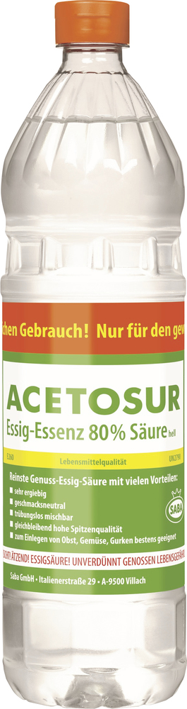 Acetosur - Essig-Säure, 80% Säure, hell,1 Liter Flasche Acetosur - Essig-Säure, 80% Säure, hell,1 Liter Flasche