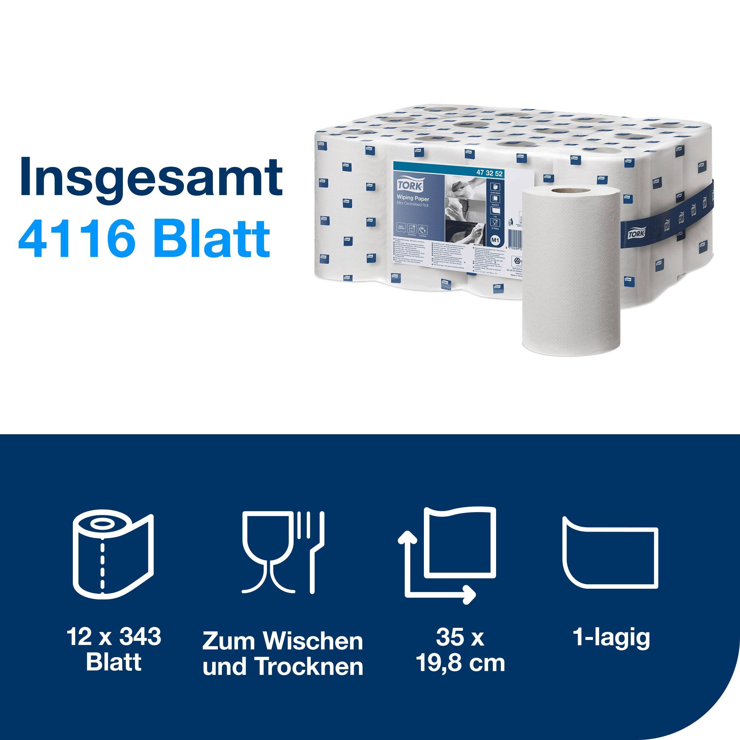 Tork - Mehrzweck-Papierwischtücher mit Innenabrollung für M1, weiß, 1-lagig, 12 x 343 Blatt, 473252