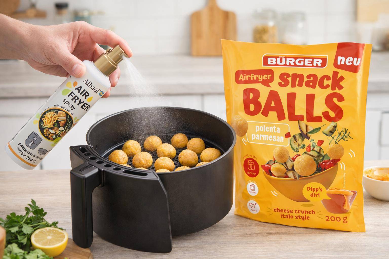 Bürger x Albaöl - Airfryer Snack Balls Lieblingsmix "Crunch Crew" + gratis Albaöl Air Fryer Spray