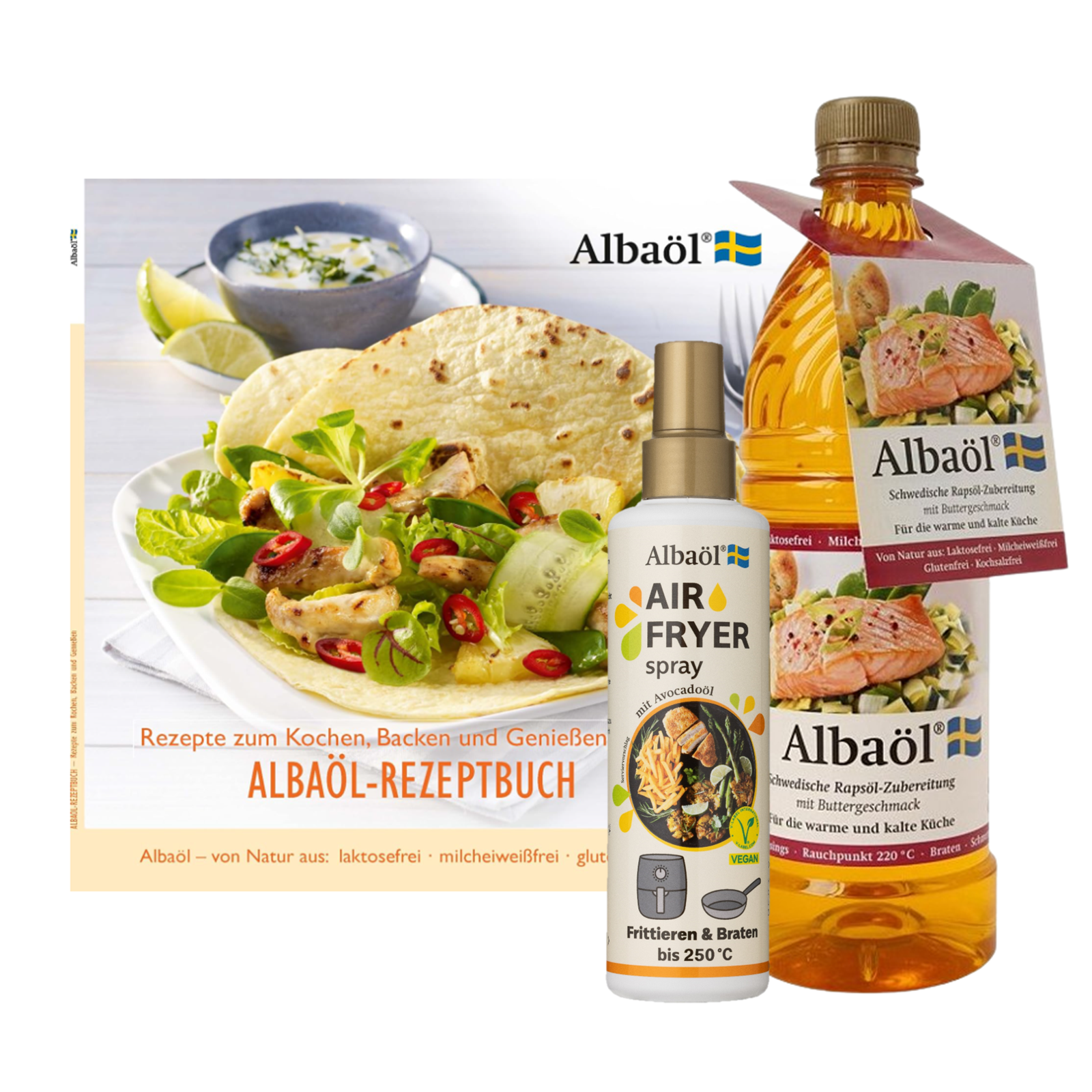 Albaöl - Rezeptbuch "Rezepte zum Kochen, Backen und Genießen"  + Air Fryer Spray, 190 ml Flasche + Albaöl, 750 ml Flasche Albaöl - Rezeptbuch "Rezepte zum Kochen, Backen und Genießen"  + Air Fryer Spray, 190 ml Flasche + Albaöl, 750 ml Flasche