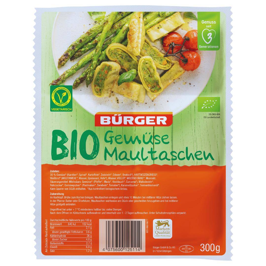 Bürger - Bio-Gemüse Maultaschen, 300 g Beutel Bürger - Bio-Gemüse Maultaschen, 300 g Beutel