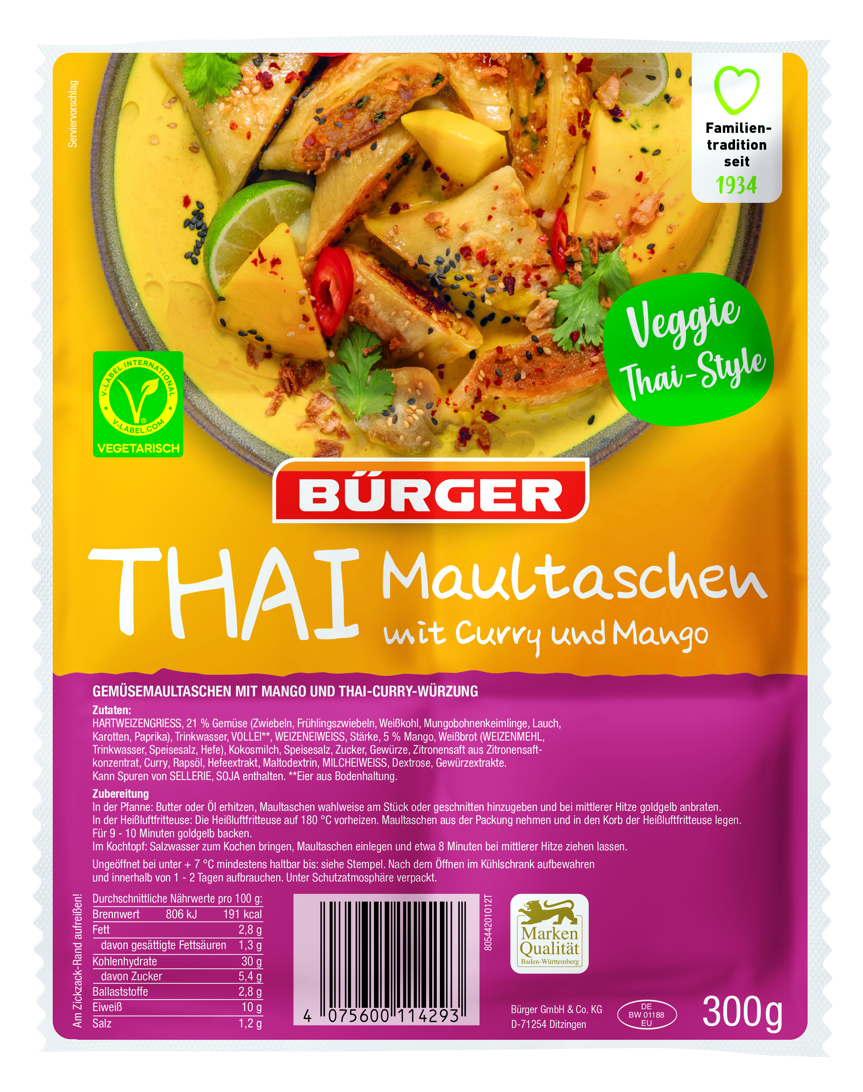 Bürger - THAI Maultaschen mit Curry und Mango, 300 g Beutel 