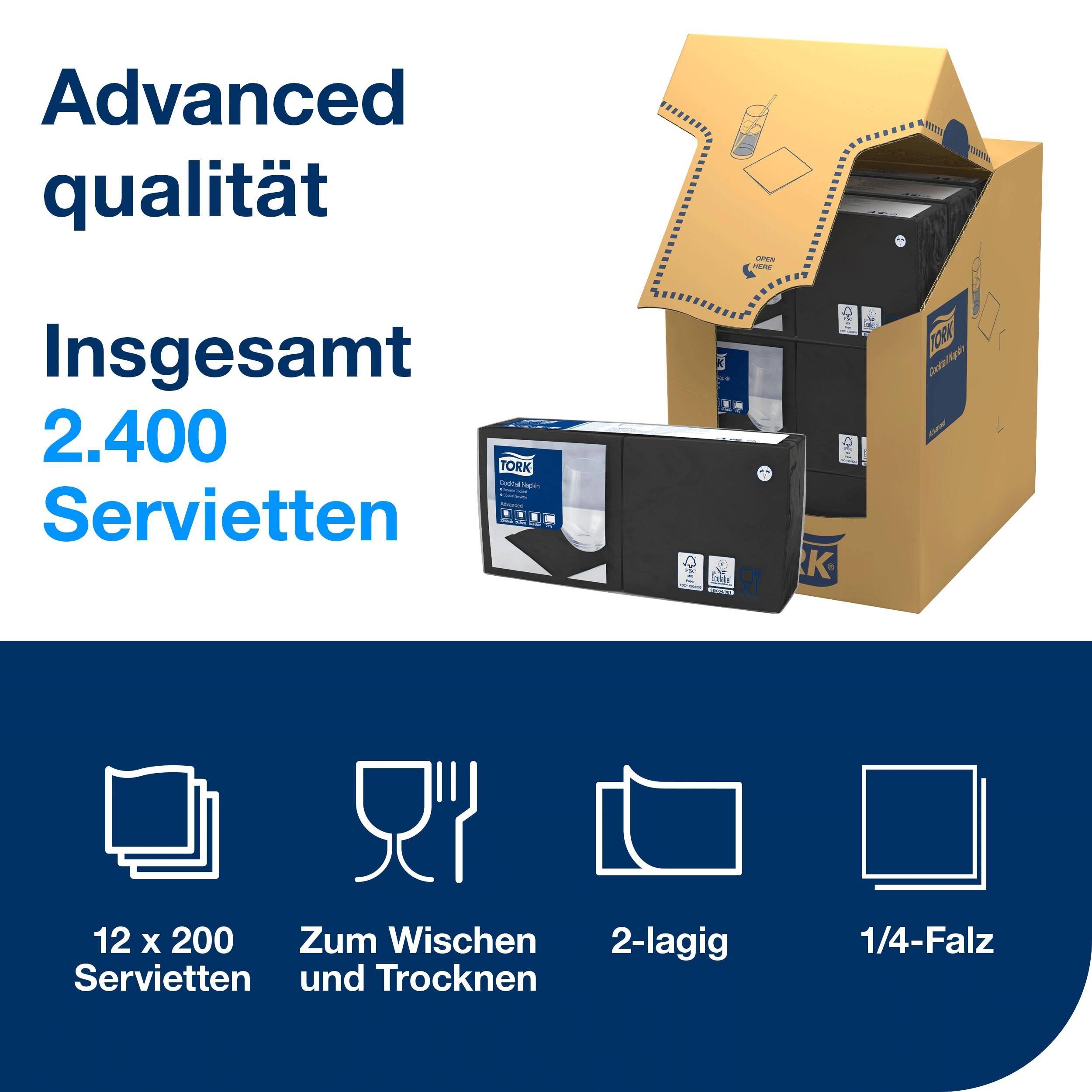 Tork - Cocktailservietten 1/4-Falz, schwarz, 2-lagig, 2400 Stück