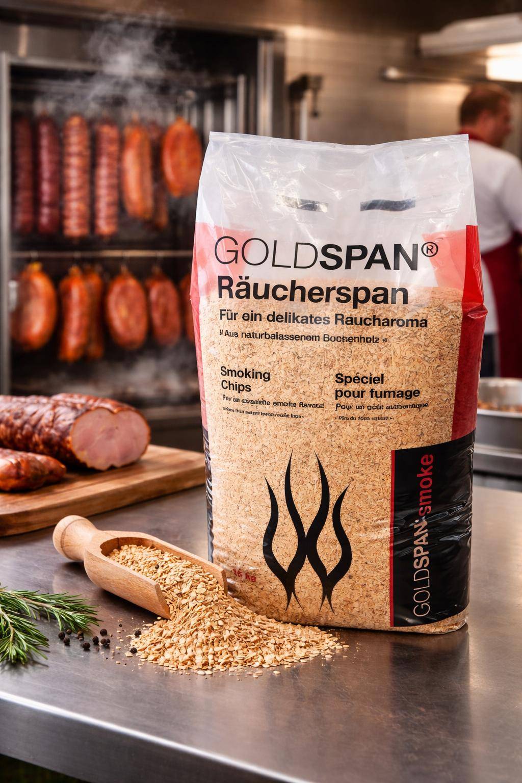 Goldspan - Räuchermehl Buche 10/40, mittelgrob, 15 kg Sack Goldspan - Räuchermehl Buche 10/40, mittelgrob, 15 kg Sack