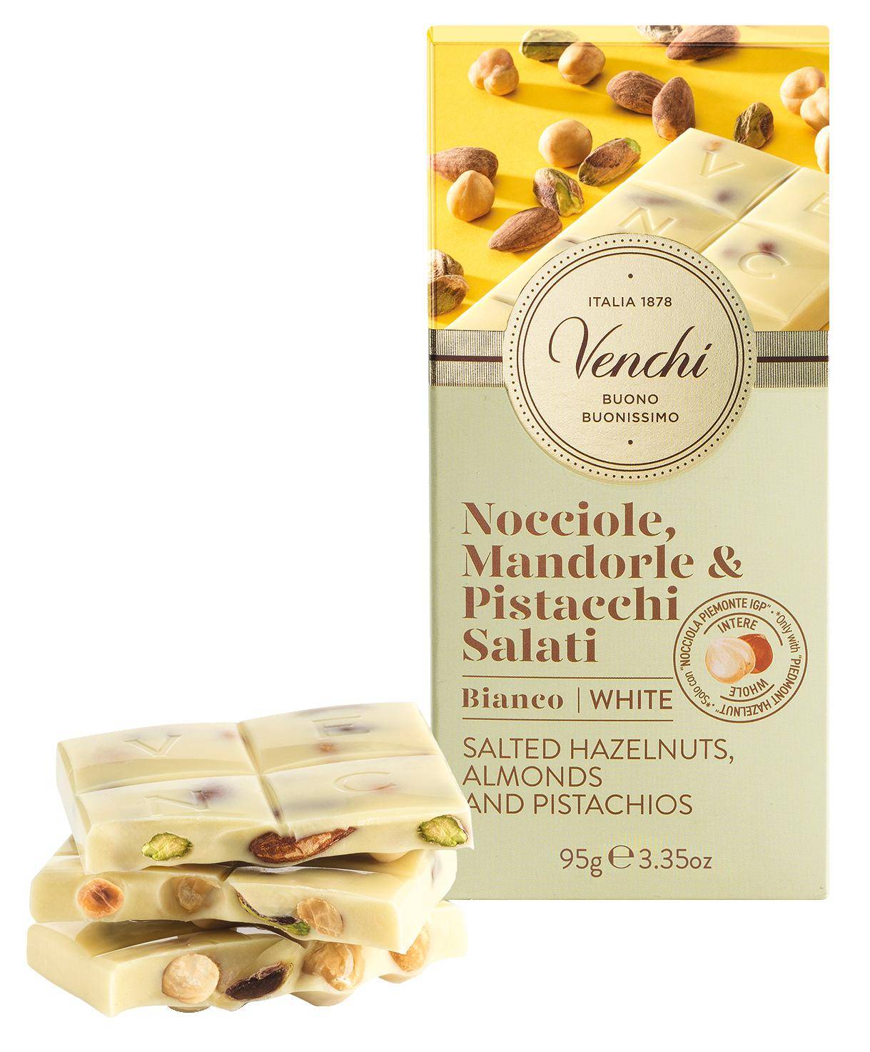 Venchi - Weiße Schokolade mit gesalzenen Nüssen, 95 g Tafel
