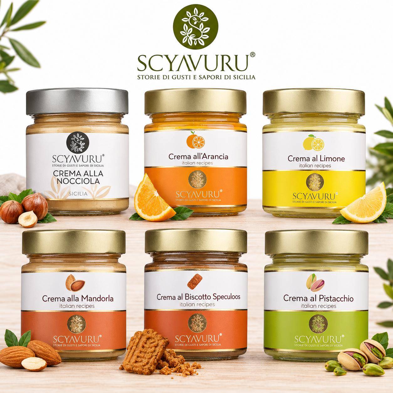 Scyavuru - Pistazie-, Haselnuss-, Mandel-, Orange-, Zitrone- & Speculoos-Creme, Italienische Creme aus Sizilien, 6 x 200 g Glas
