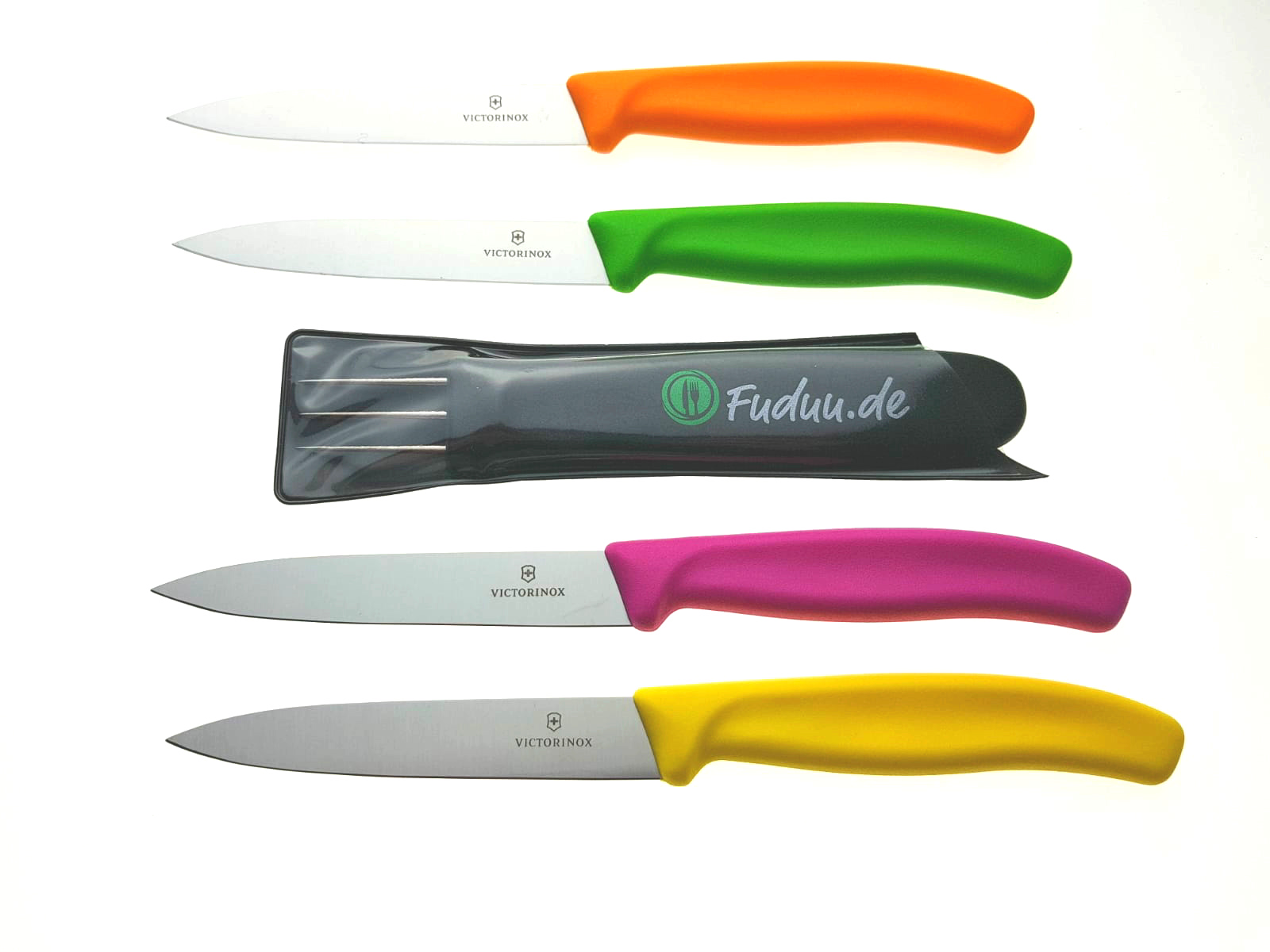Fuduu.de - Pellkartoffelset, 4 Bunte Gemüsemesser, 1 x Fuduu Pellkartoffelgabel