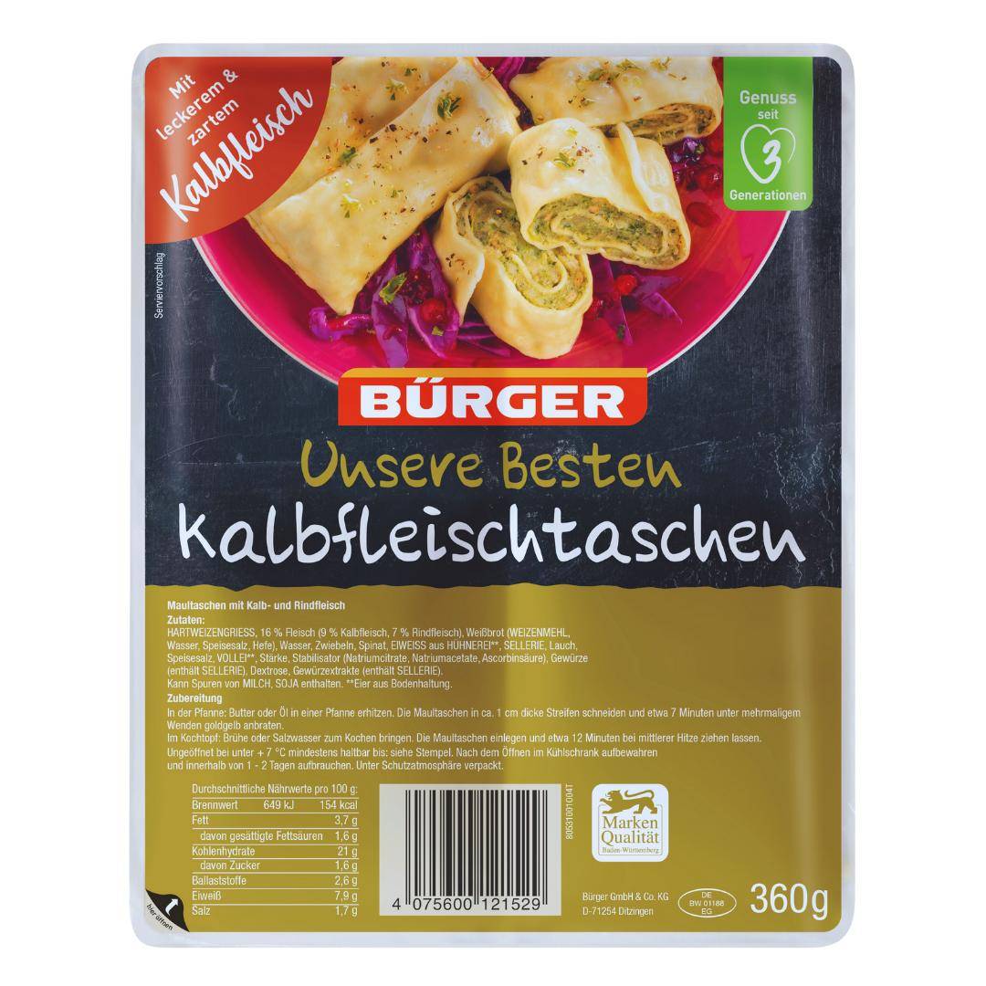 Bürger - "Unsere Besten" Kalbfleischtaschen, 360 g Beutel Bürger - "Unsere Besten" Kalbfleischtaschen, 360 g Beutel
