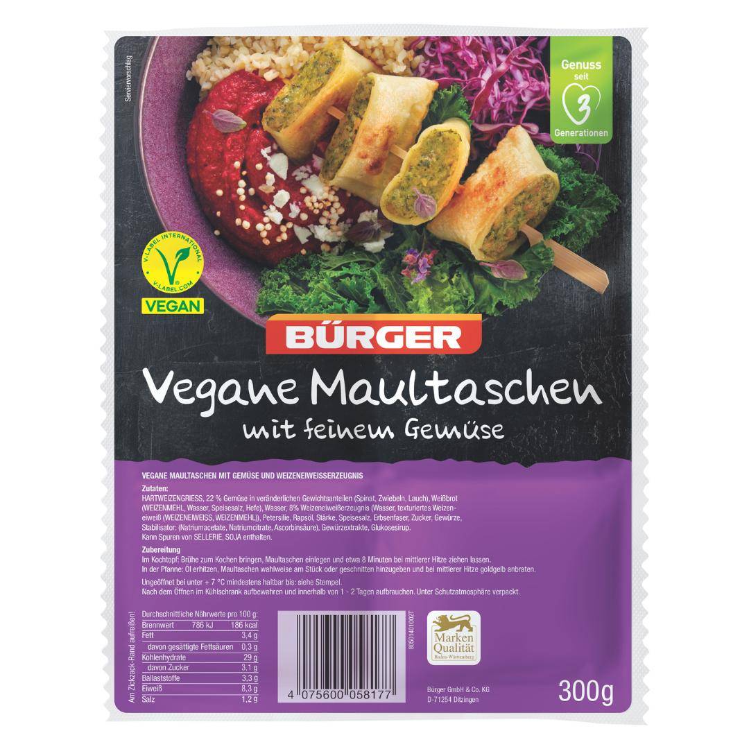 Bürger - Vegane Maultaschen mit feinem Gemüse, 300 g Beutel Bürger - Vegane Maultaschen mit feinem Gemüse, 300 g Beutel