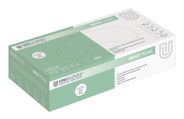Unigloves - Einmalhandschuhe / Nitril-Untersuchungshandschuhe "Mint Pearl", Größe M, 100 Stück Unigloves - Einmalhandschuhe / Nitril-Untersuchungshandschuhe "Mint Pearl", Größe M, 100 Stück