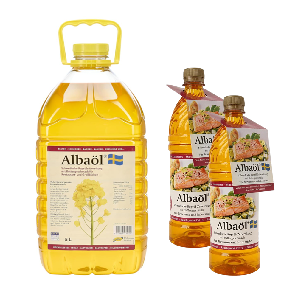 Albaöl Aktion - Rapsöl mit Buttergeschmack, 5 l Kanister + 2 x 0,75 l Gratis Albaöl Aktion - Rapsöl mit Buttergeschmack, 5 l Kanister + 2 x 0,75 l Gratis