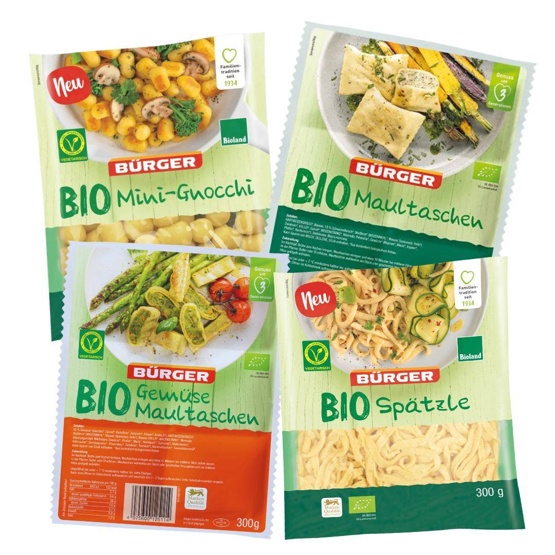 Bürger - "Bio-Quartett" - Maultaschen, Spätzle, Gnocchi & Gemüsemaultaschen Bürger - "Bio-Quartett" - Maultaschen, Spätzle, Gnocchi & Gemüsemaultaschen