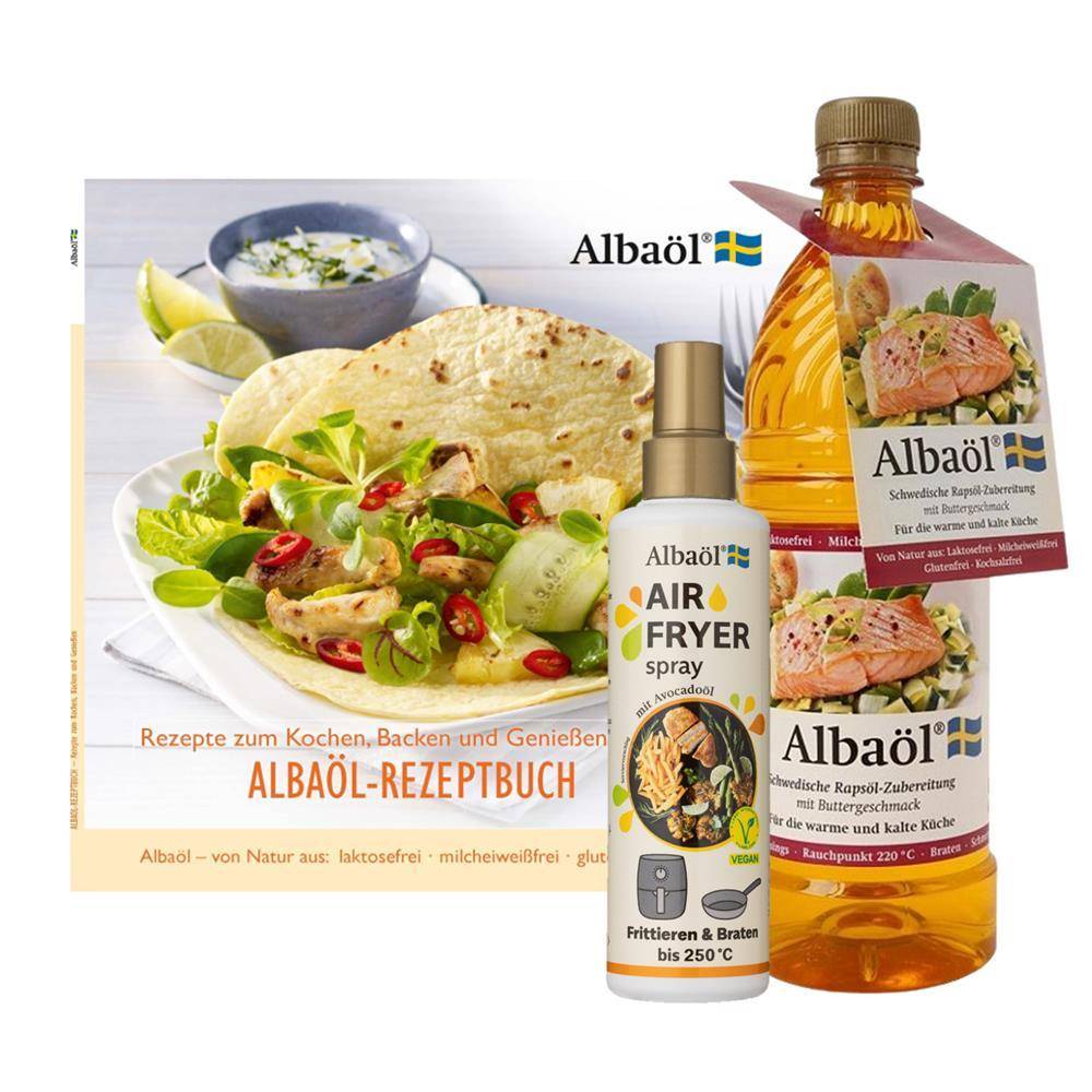 Albaöl - Rezeptbuch "Rezepte zum Kochen, Backen und Genießen" + Air Fryer Spray, 190 ml Flasche + Albaöl, 750 ml Flasche Albaöl - Rezeptbuch "Rezepte zum Kochen, Backen und Genießen" + Air Fryer Spray, 190 ml Flasche + Albaöl, 750 ml Flasche