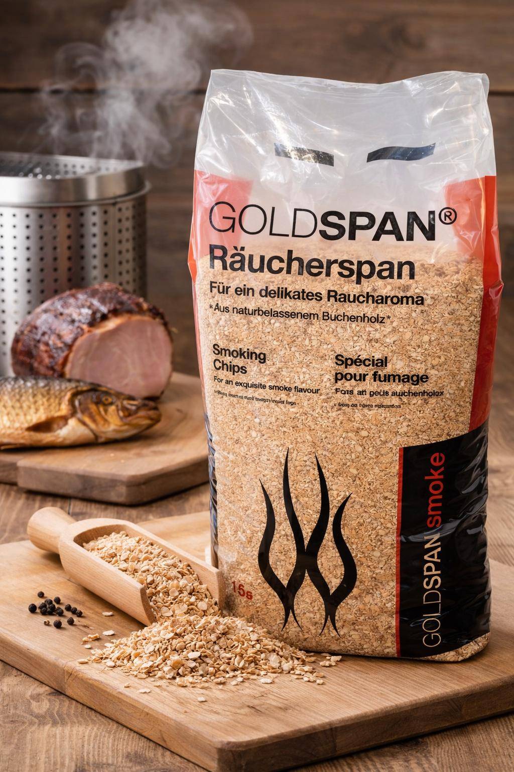 Goldspan - Räuchermehl Buche 10/40, mittelgrob, 15 kg Sack Goldspan - Räuchermehl Buche 10/40, mittelgrob, 15 kg Sack