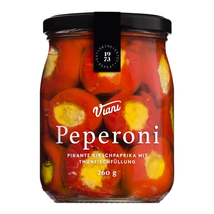 Viani - Peperoni - pikante Kirschpaprika mit Thunfischfüllung, 260 g Glas