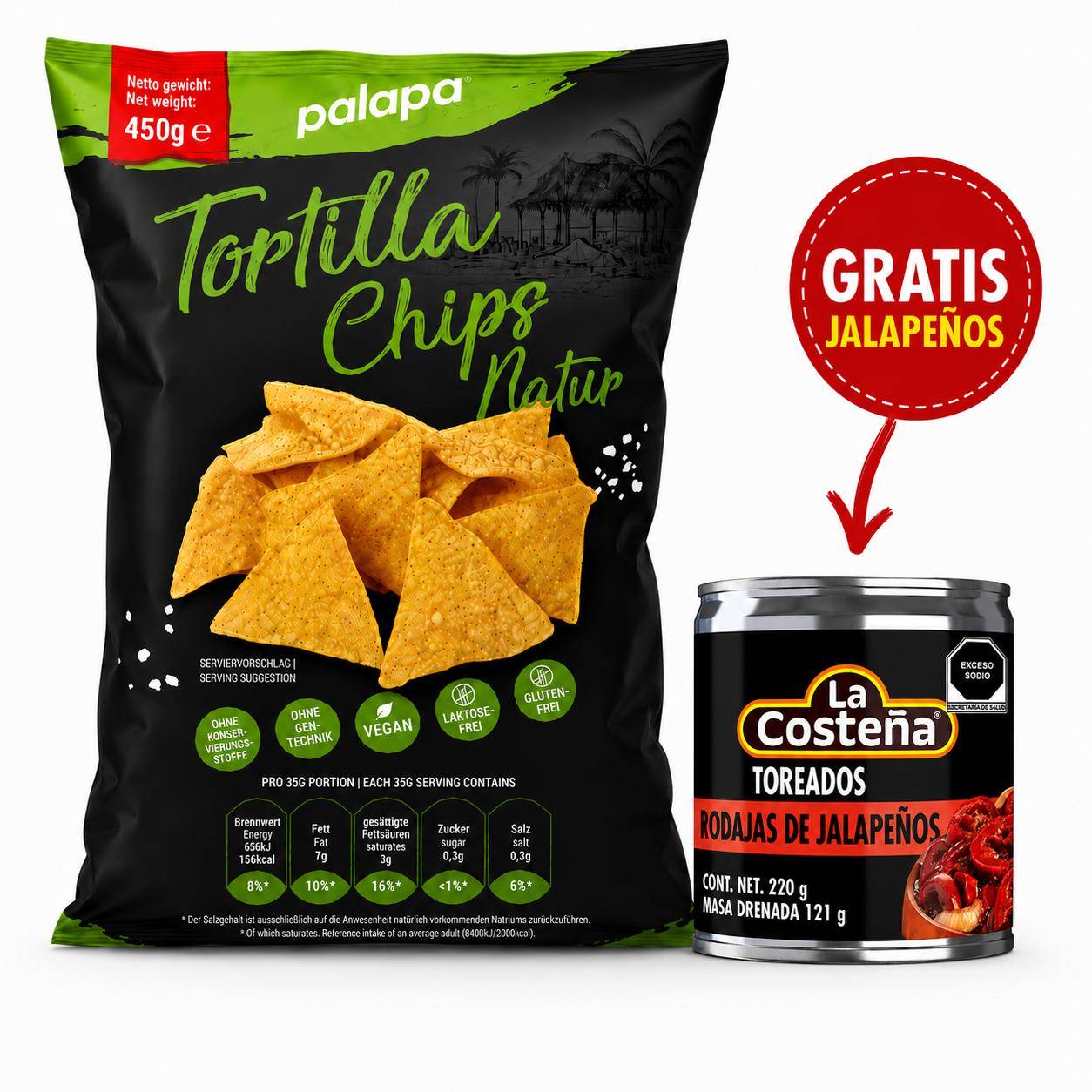La Costeña x Palapa Snacks - Tortillas Chips Natur 440 g + gratis Jalapeño rot gegrillt