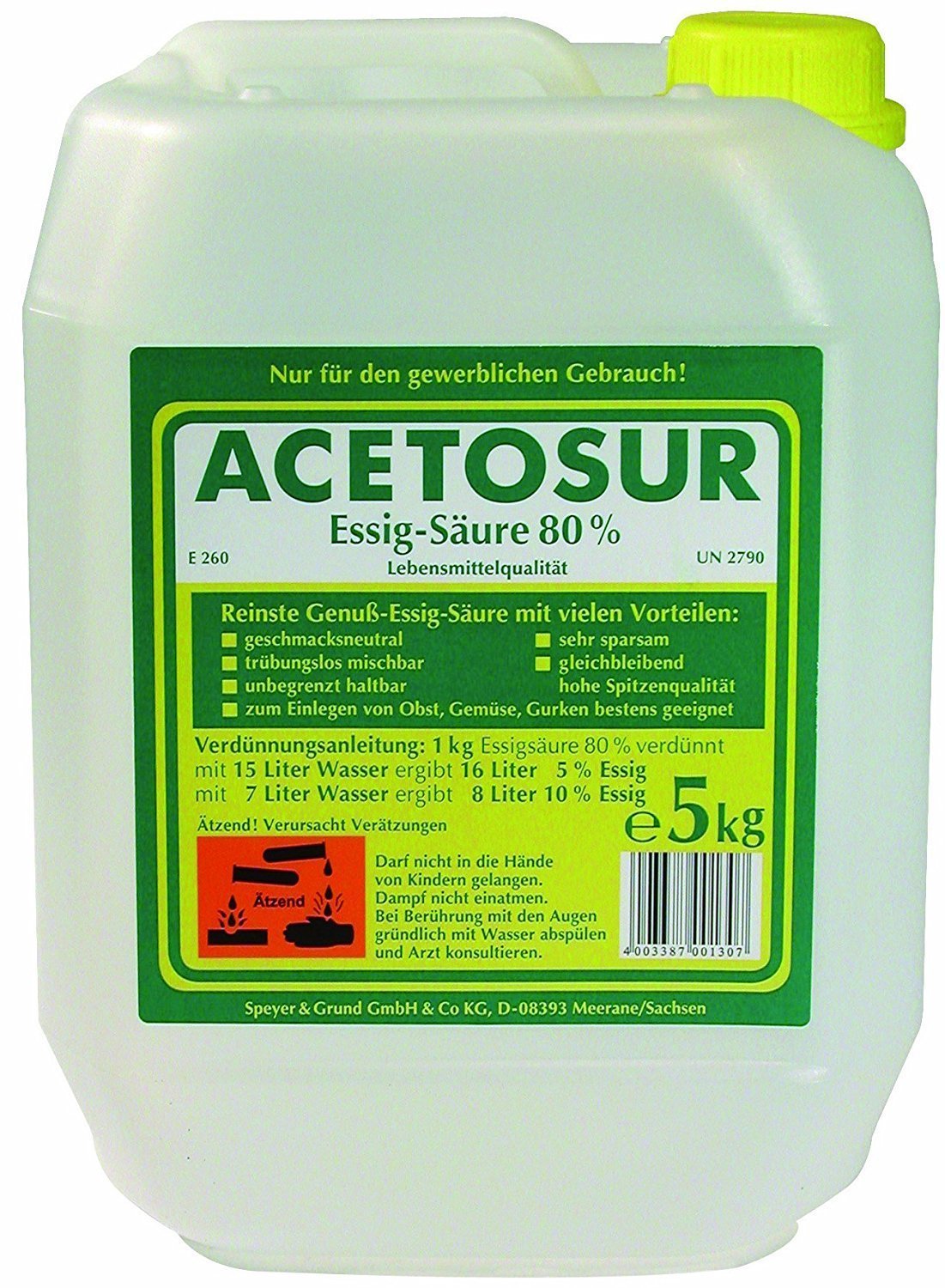 Acetosur - Essig-Säure, 80% Säure, hell, 5 Liter Kanister Acetosur - Essig-Säure, 80% Säure, hell, 5 Liter Kanister