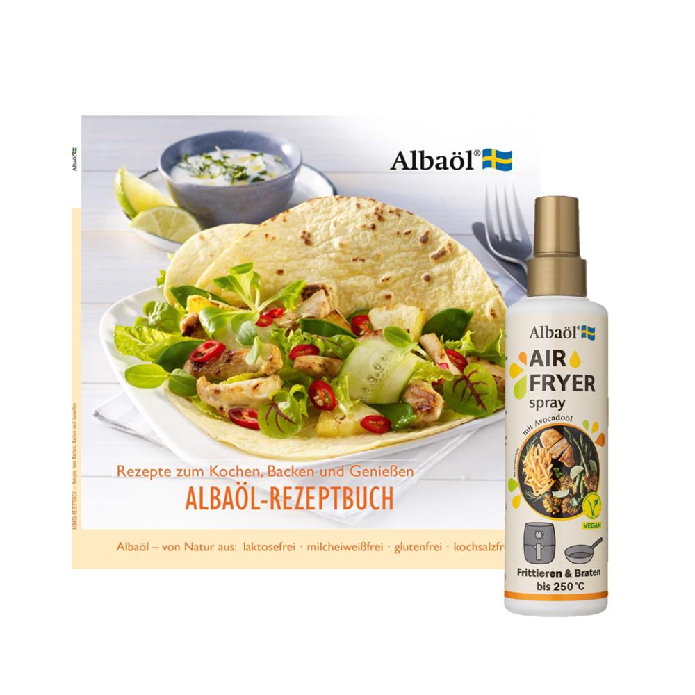 Albaöl - Rezeptbuch "Rezepte zum Kochen, Backen und Genießen"  + Air Fryer Spray, 190 ml Flasche