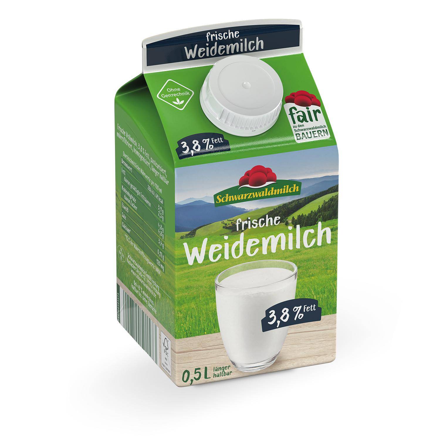 Schwarzwaldmilch - frische Weidemilch 3,8%, 12 x 0,5 Liter