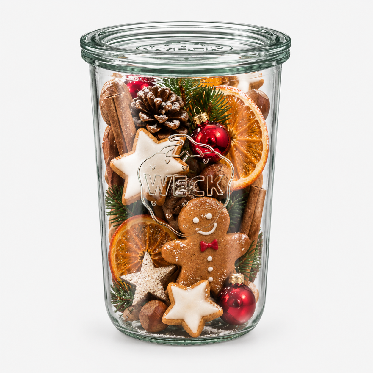 Festliches Weck-Glas mit Weihnachtsschmuck