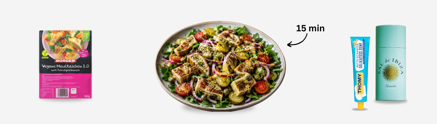 Maultaschen-Salat mit Cornichons & Senf-Vinaigrette