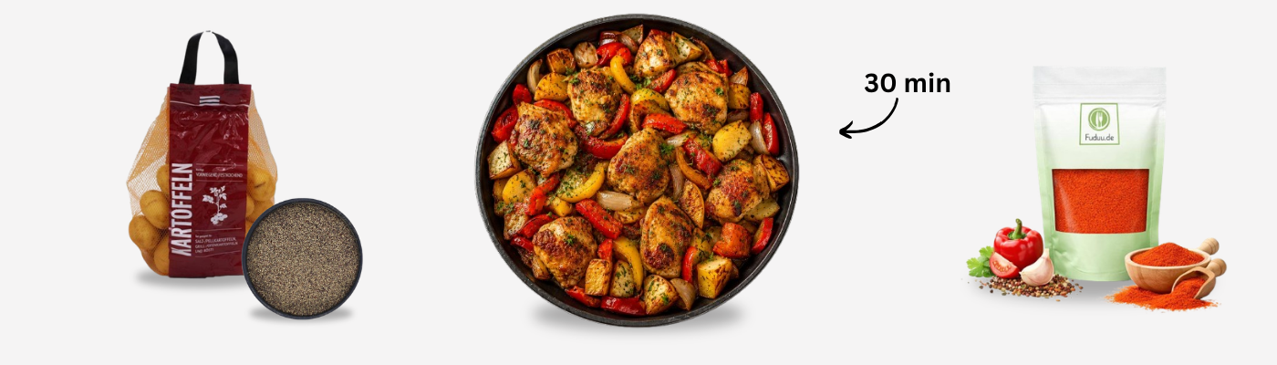 Spanische Hähnchen-Kartoffelpfanne mit Patatas-Bravas-Dip