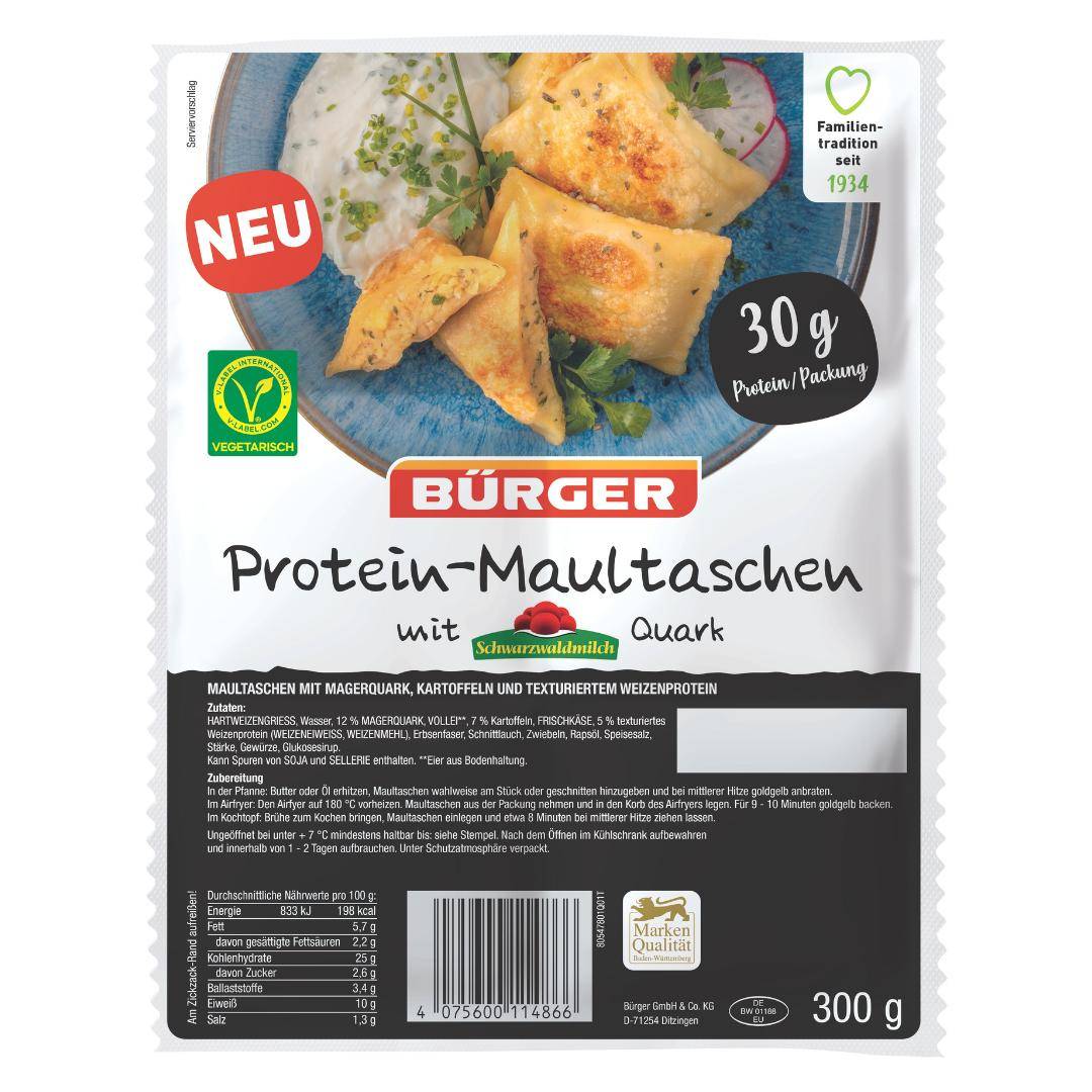 Bürger - Protein-Maultaschen mit Schwarzwaldmilch Quark, 300 g Beutel Bürger - Protein-Maultaschen mit Schwarzwaldmilch Quark, 300 g Beutel