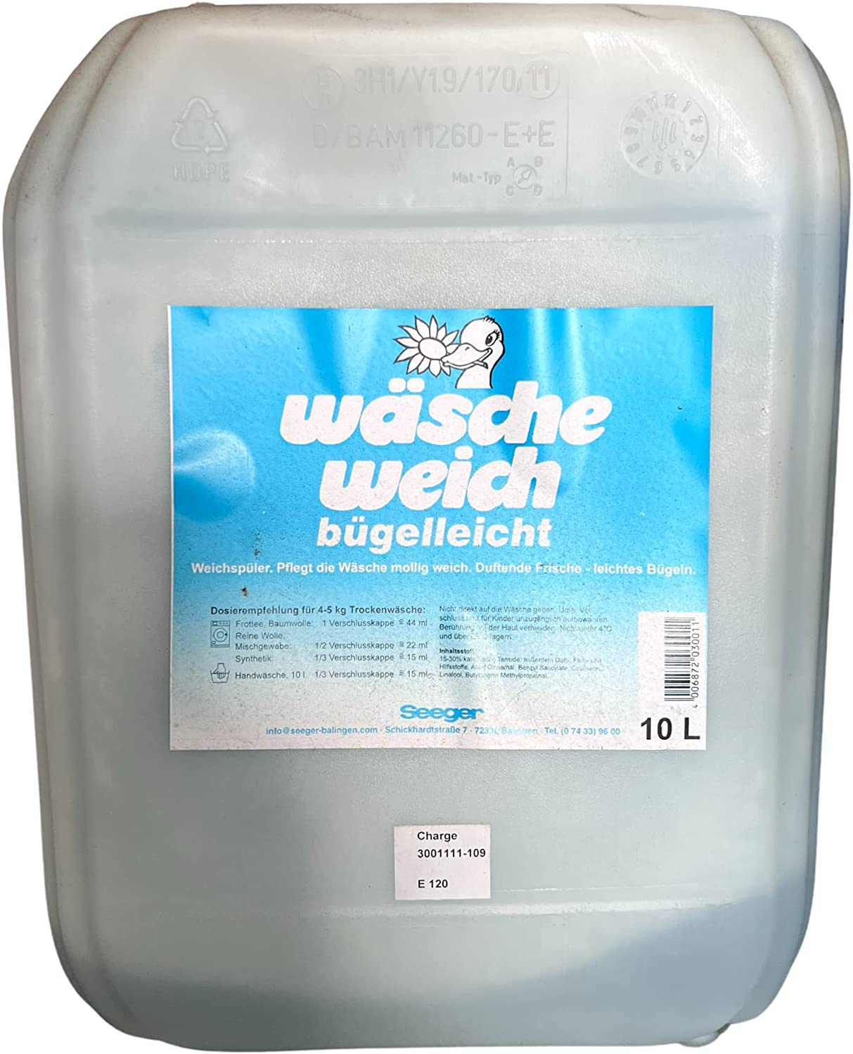 Seeger - Wäscheweich bügelleicht / Weichspüler - 10 l Kanister