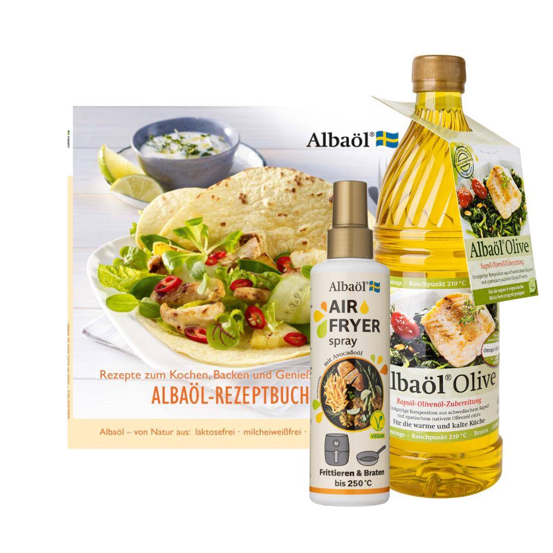 Albaöl - Rezeptbuch "Rezepte zum Kochen, Backen und Genießen" + Air Fryer Spray, 190 ml Flasche + Albaöl Olive, 750 ml Flasche