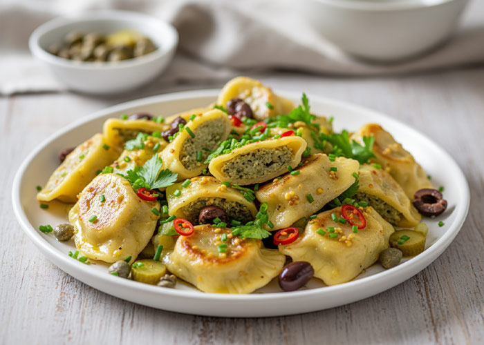 Warmer Maultaschen-Salat mit Senf-Vinaigrette – Herzhaft trifft Frische