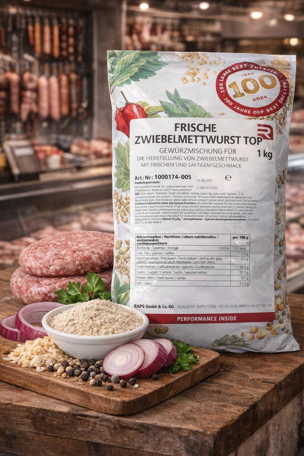 Raps - Zwiebelmettwurst Würzung + Gdl, 1 kg Beutel Raps - Zwiebelmettwurst Würzung + Gdl, 1 kg Beutel