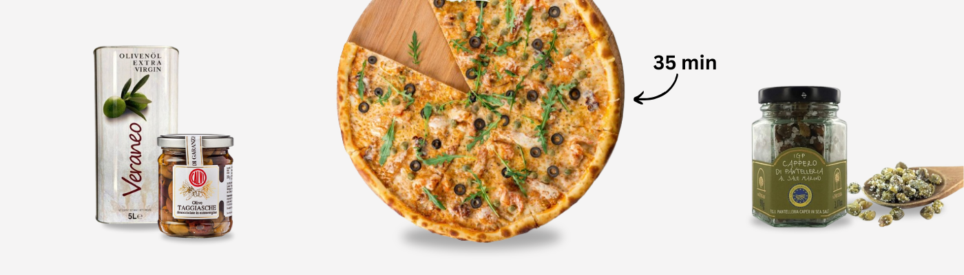 Mediterane Pizza mit Kappern und Rucola