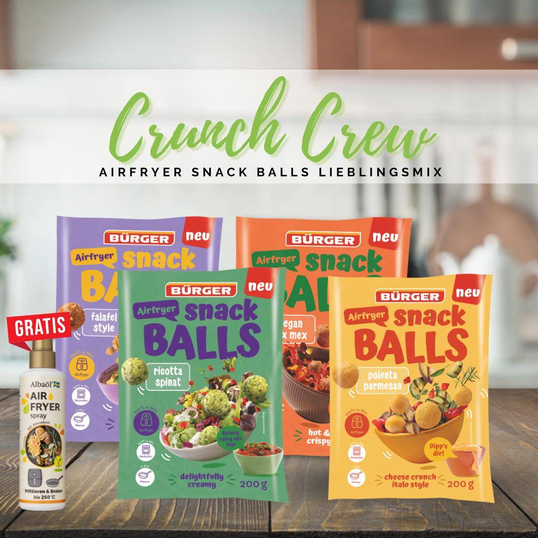 Bürger x Albaöl - Airfryer Snack Balls Lieblingsmix "Crunch Crew" + gratis Albaöl Air Fryer Spray Bürger x Albaöl - Airfryer Snack Balls Lieblingsmix "Crunch Crew" + gratis Albaöl Air Fryer Spray