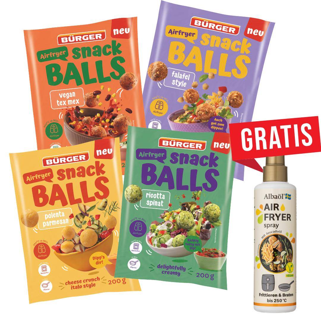 Bürger x Albaöl - Airfryer Snack Balls Lieblingsmix "Crunch Crew" + gratis Albaöl Air Fryer Spray Bürger x Albaöl - Airfryer Snack Balls Lieblingsmix "Crunch Crew" + gratis Albaöl Air Fryer Spray