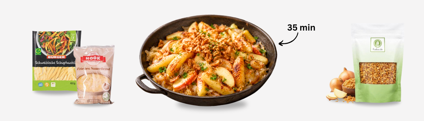 Knusprige Schupfnudelpfanne mit Sauerkraut, Apfel & Röstzwiebeln