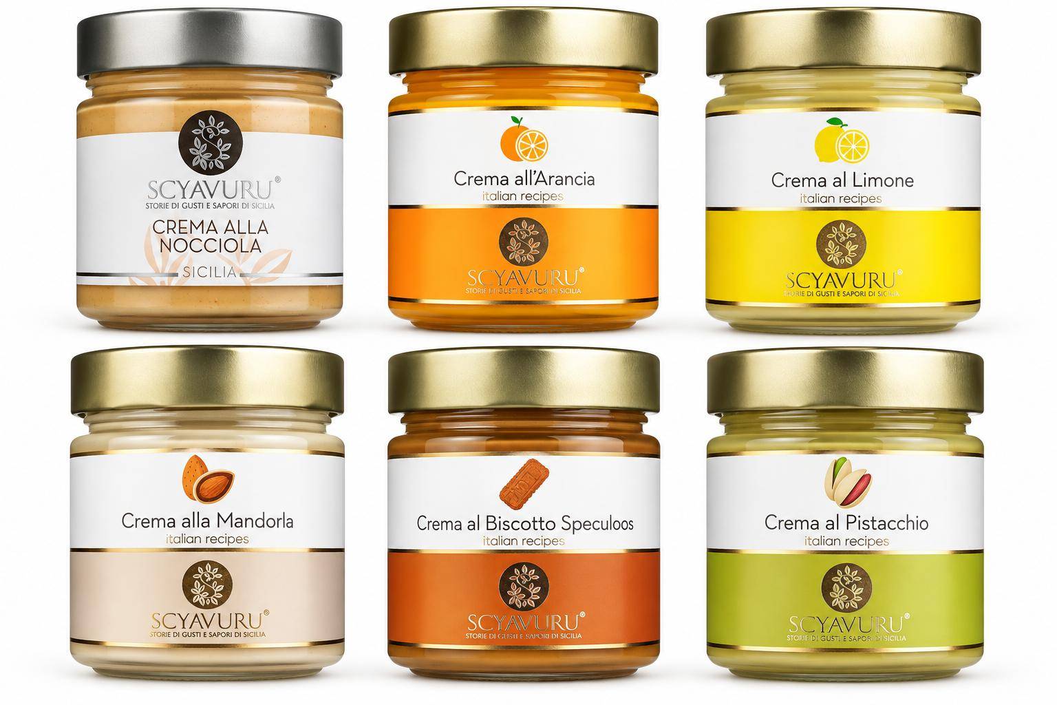 Scyavuru - Pistazie-, Haselnuss-, Mandel-, Orange-, Zitrone- & Speculoos-Creme, Italienische Creme aus Sizilien, 6 x 200 g Glas