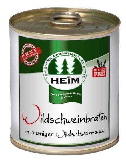 Braten aus der Wildschweinkeule in Wildrahmsauce - 300g Dose Braten aus der Wildschweinkeule in Wildrahmsauce - 300g Dose