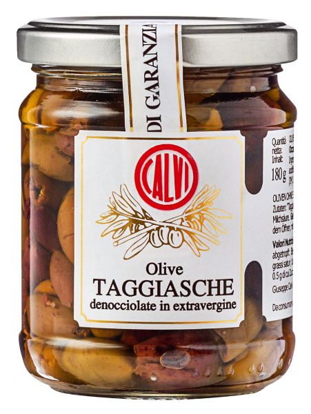 Calvi - Taggiasca Oliven in nativem Olivenöl extra, ohne Stein, 180 g Glas - MHD: 31.07.2024