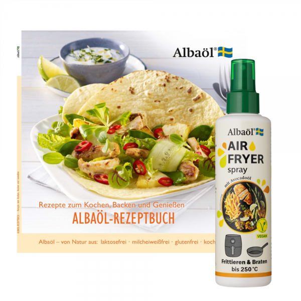 Albaöl - Rezeptbuch "Rezepte zum Kochen, Backen und Genießen" + Air Fryer Spray, 190 ml Flasche